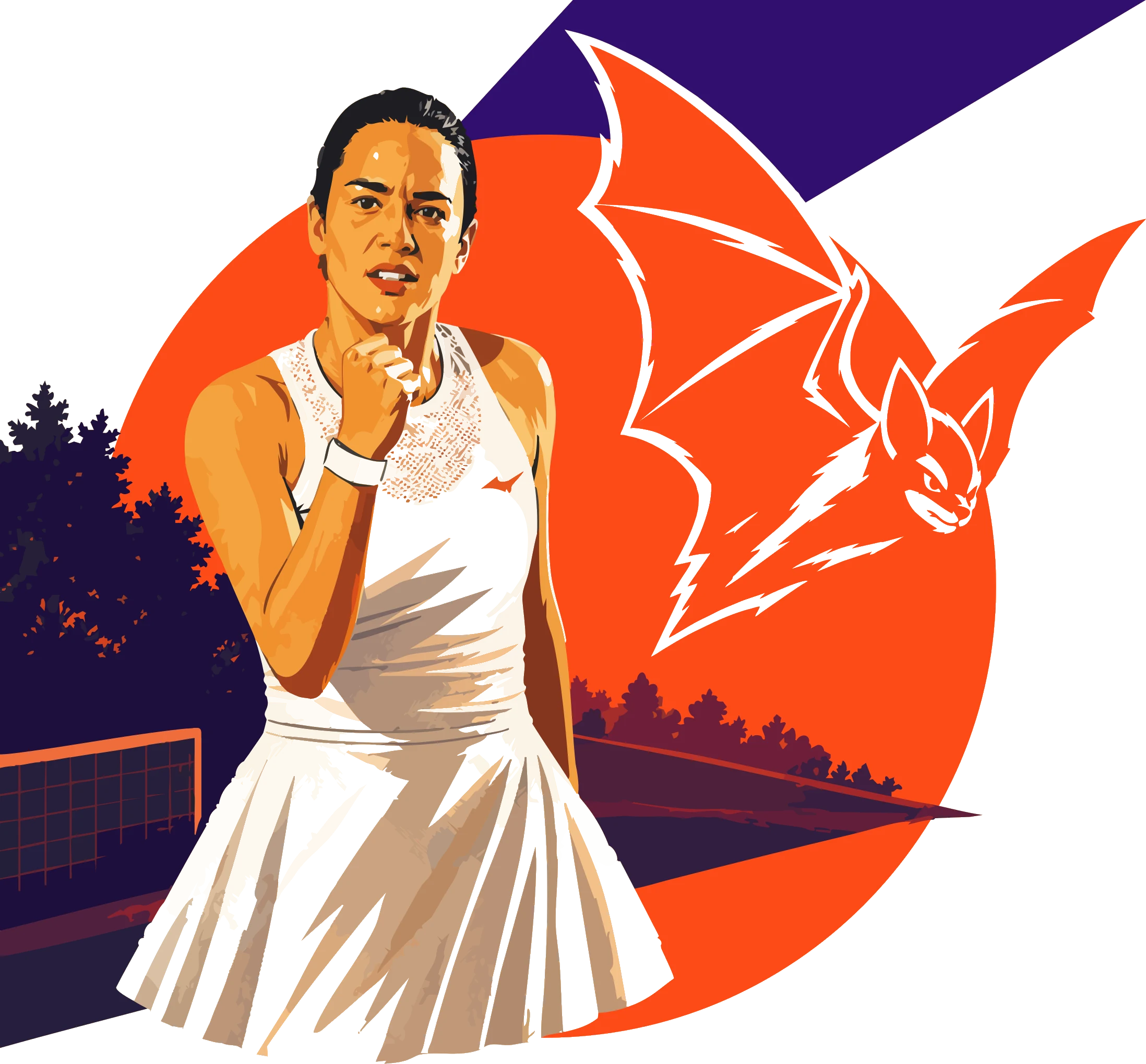 Tennis artwork — Miriam Bulgaru, the Axeria Open bat-cat mascot, sun
